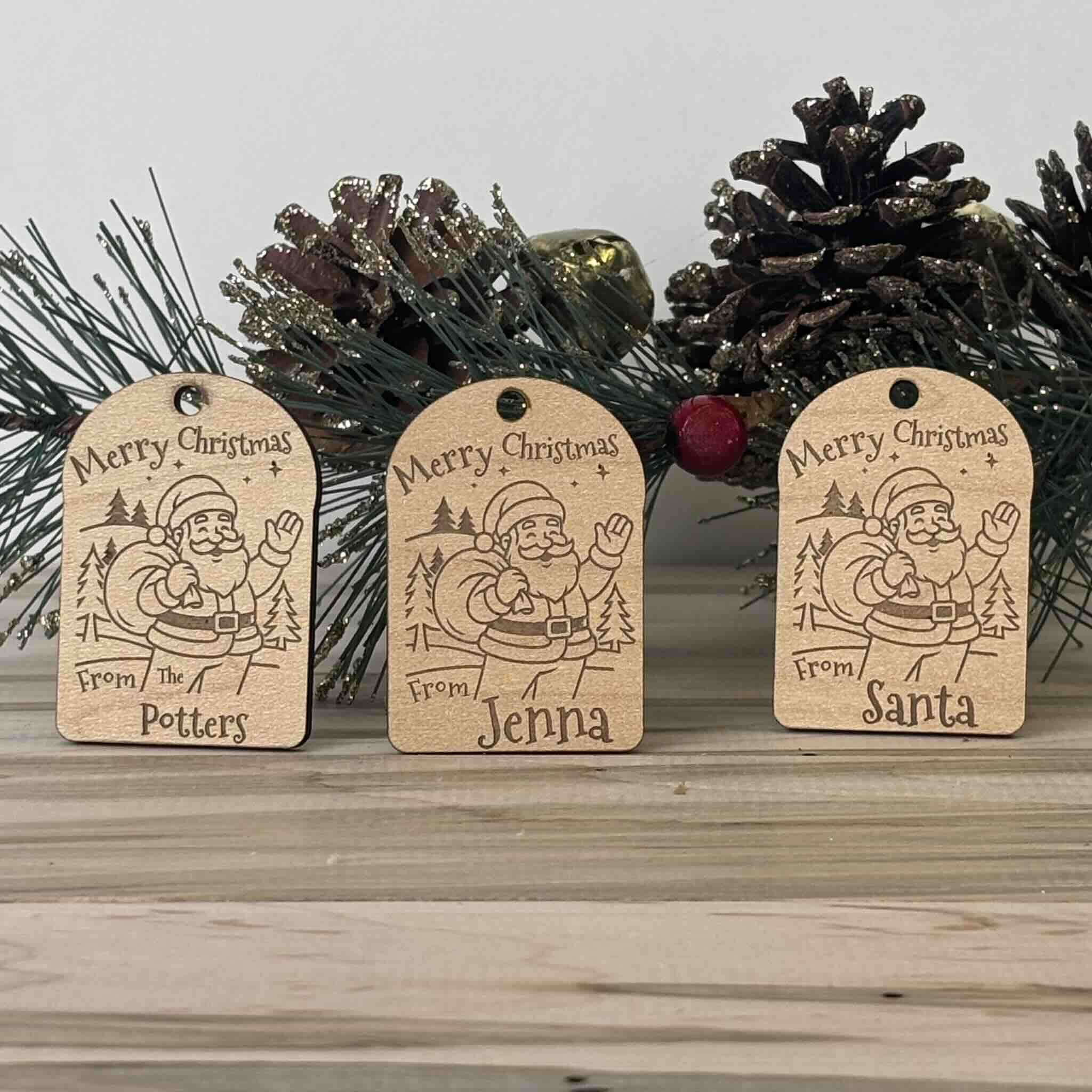 Wooden Christmas tags with Santa, personalized for Potters, Jenna, and from Santa