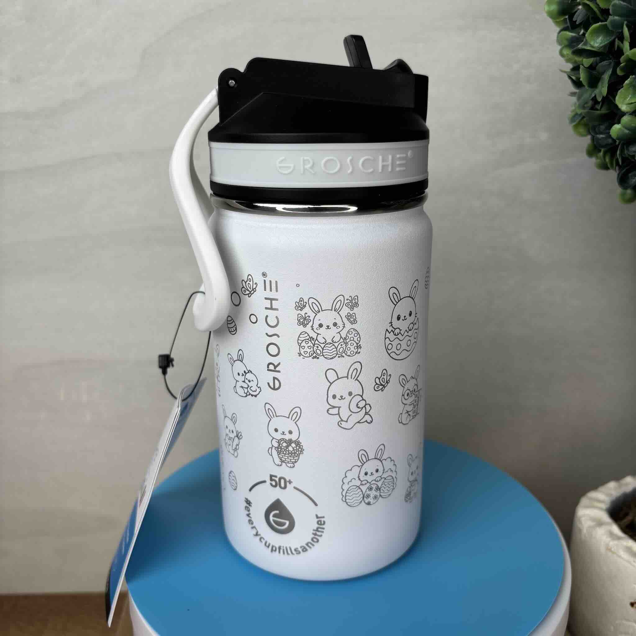 White Grosche water bottle with cute animal illustrations on blue base
